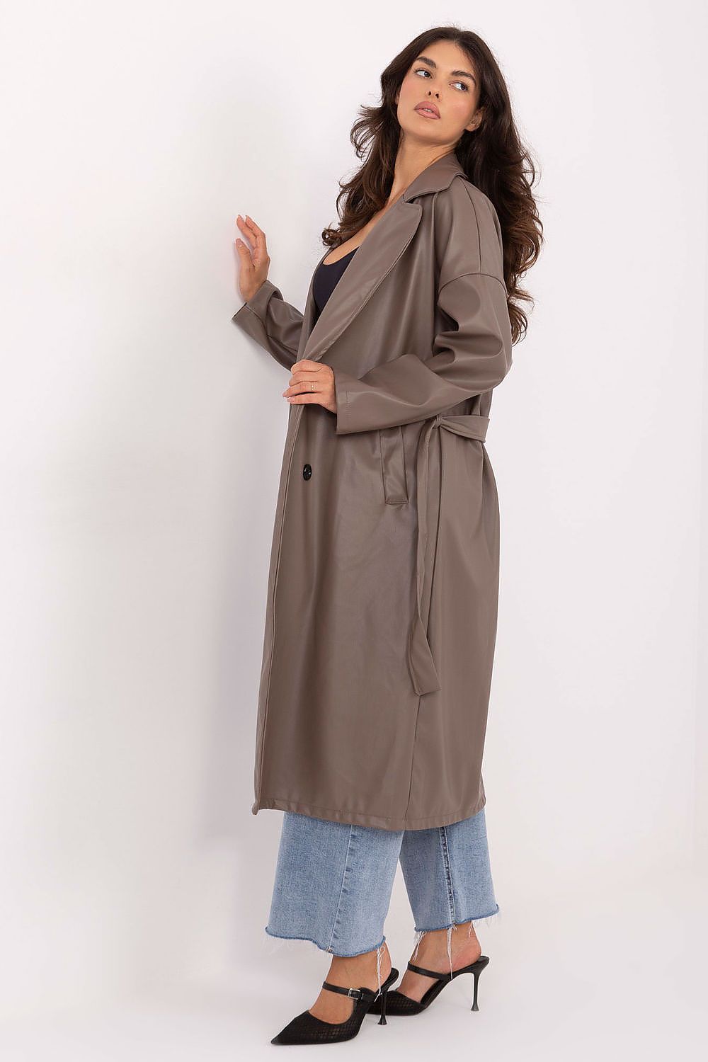 Rue Paris Knee-Length Belted Leather Coat
