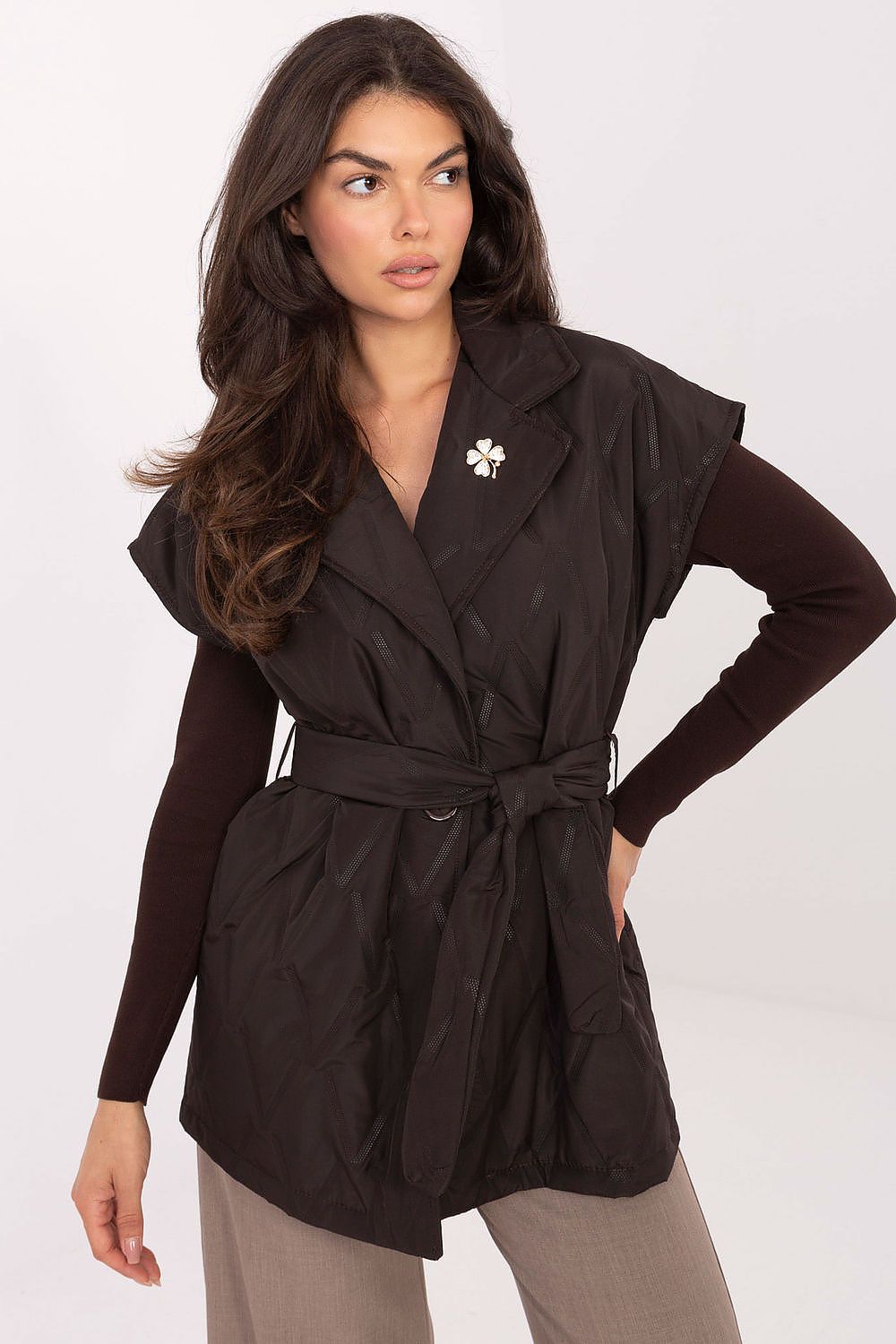 Rue Paris Quilted Buttoned Gilet Vest brown one-size-fits-all