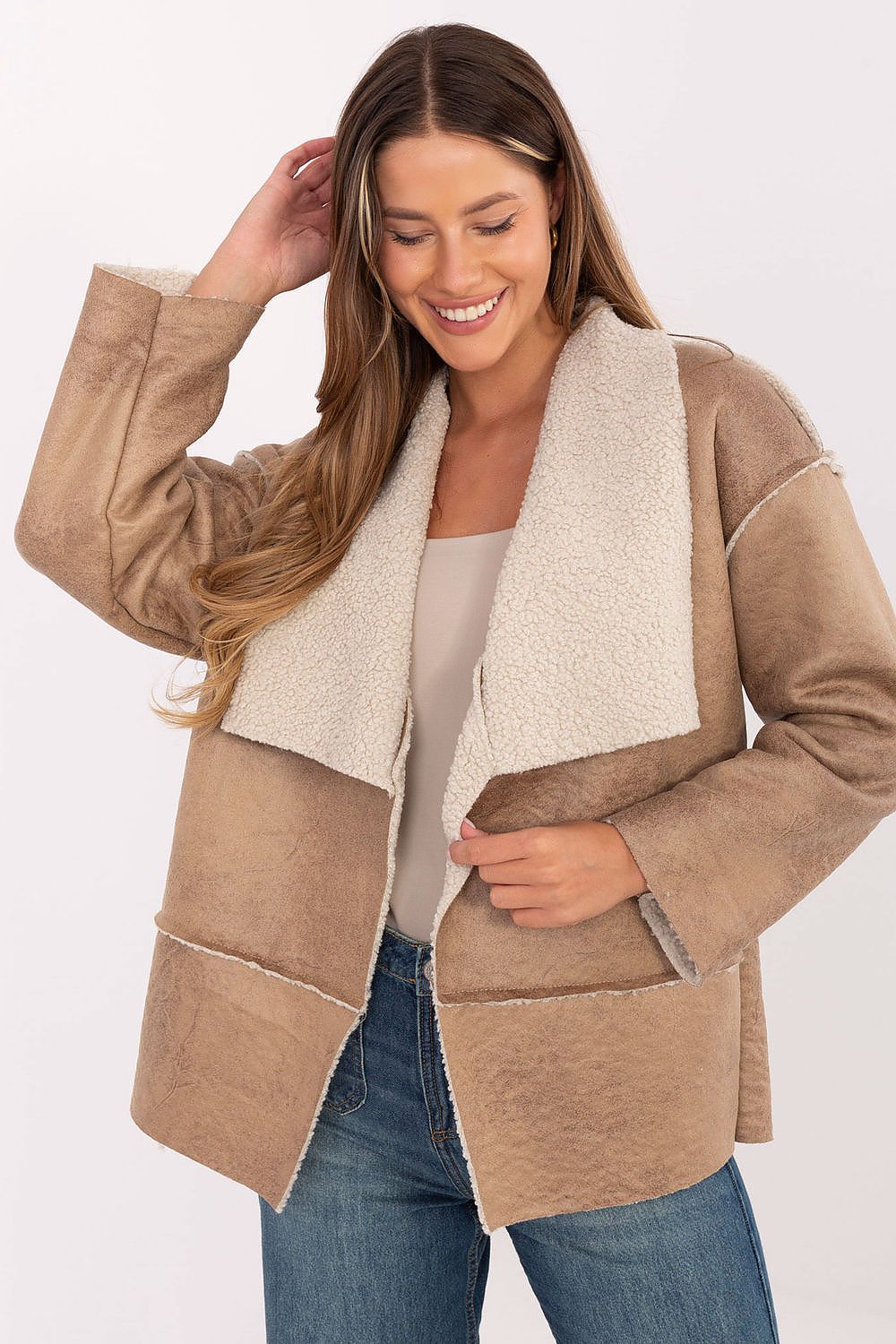 Factory Price Faux Fur Lapel Jacket beige one-size-fits-all