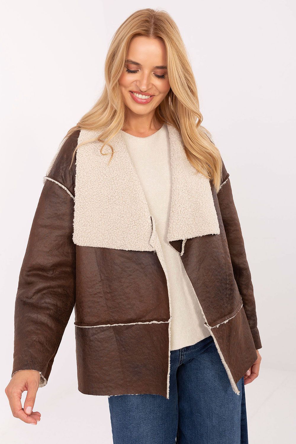 Factory Price Faux Fur Lapel Jacket brown one-size-fits-all