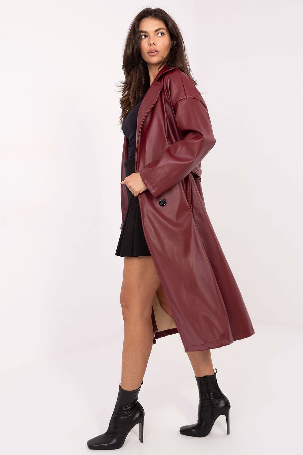 Rue Paris Knee-Length Belted Leather Coat