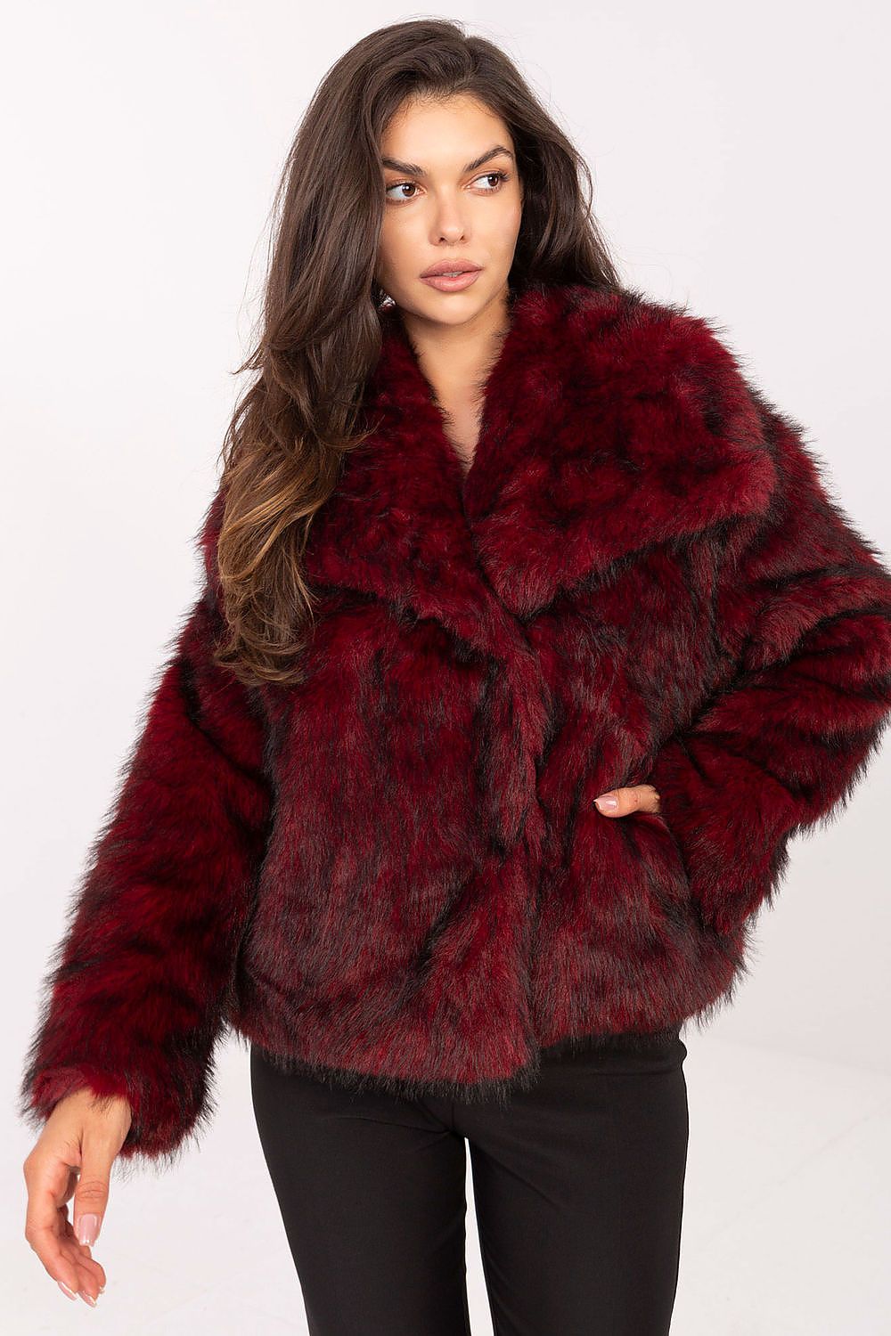 Rue Paris Faux Fur Lapel Jacket red one-size-fits-all