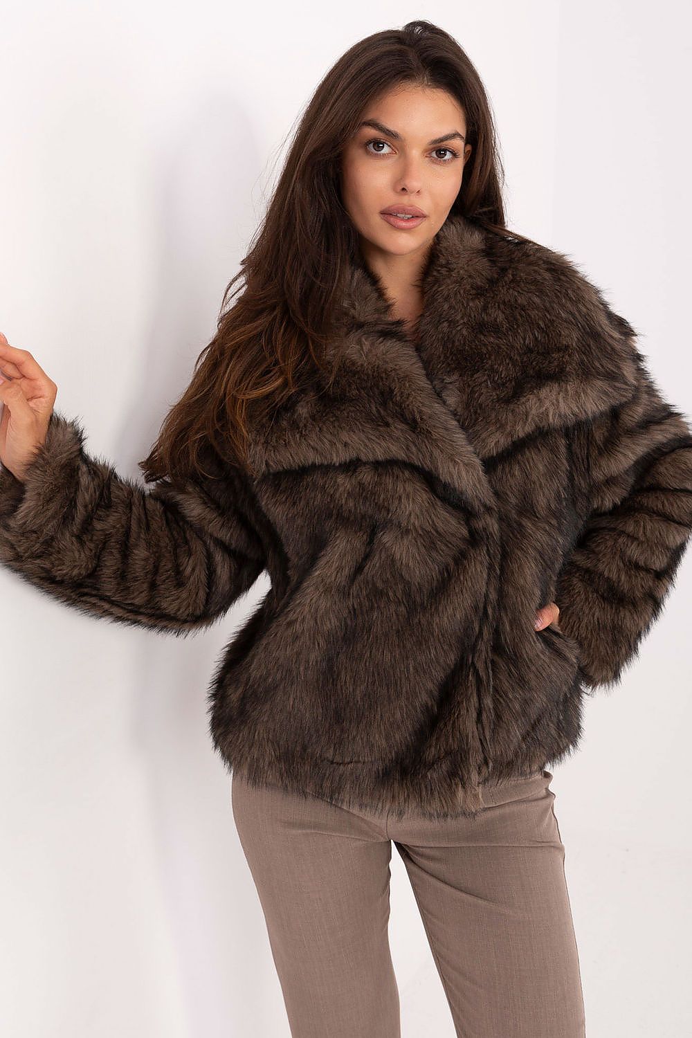 Rue Paris Faux Fur Lapel Jacket beige one-size-fits-all