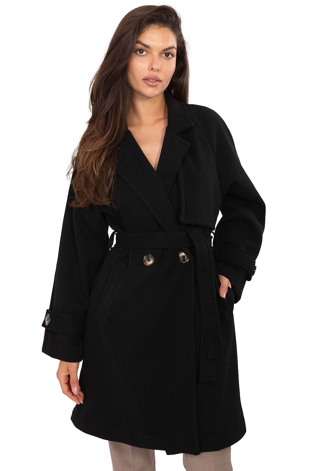 Rue Paris Knee-Length Belted Transitional Coat black one-size-fits-all