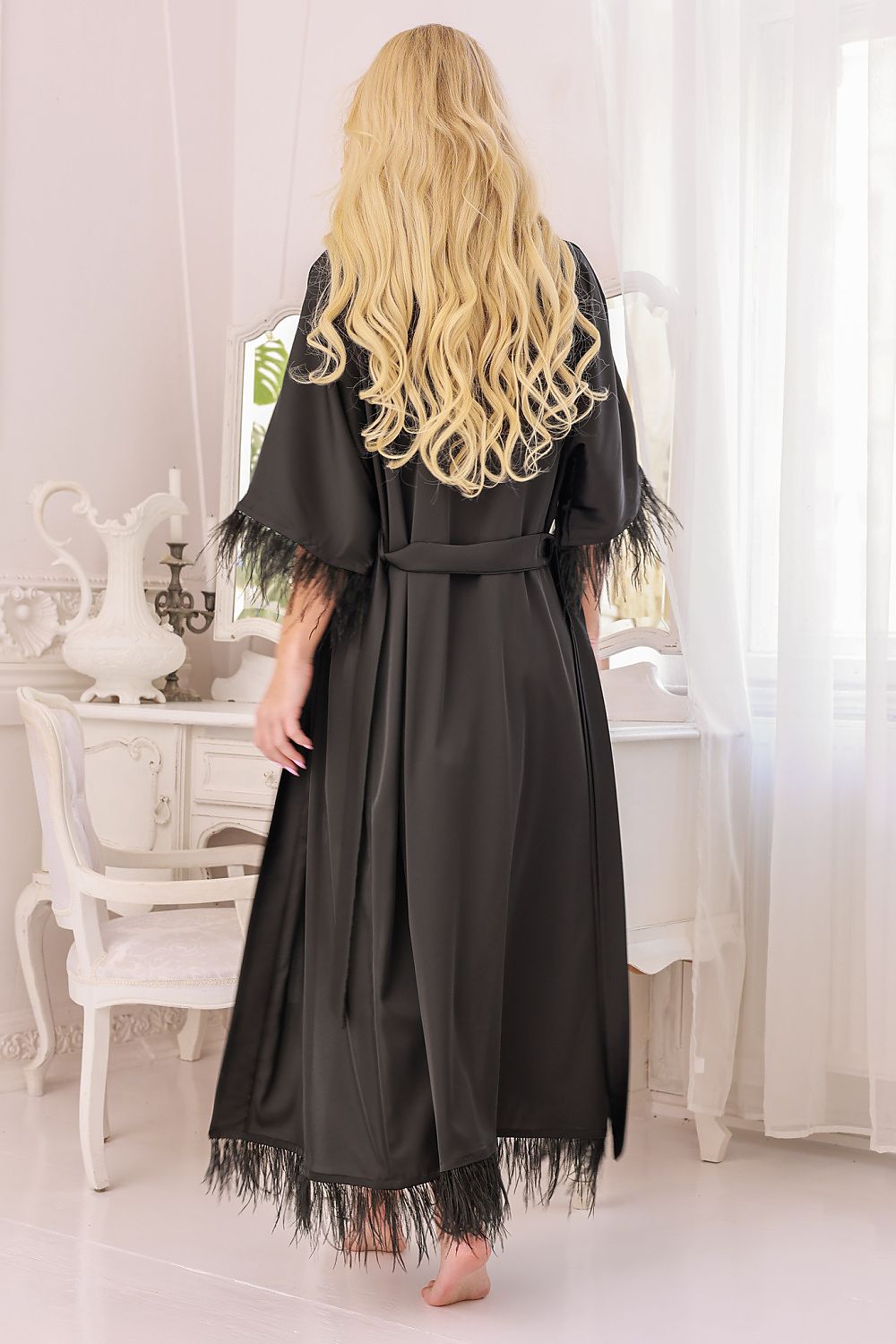 Kalimo Diva Long Gown Satin Feather Robe