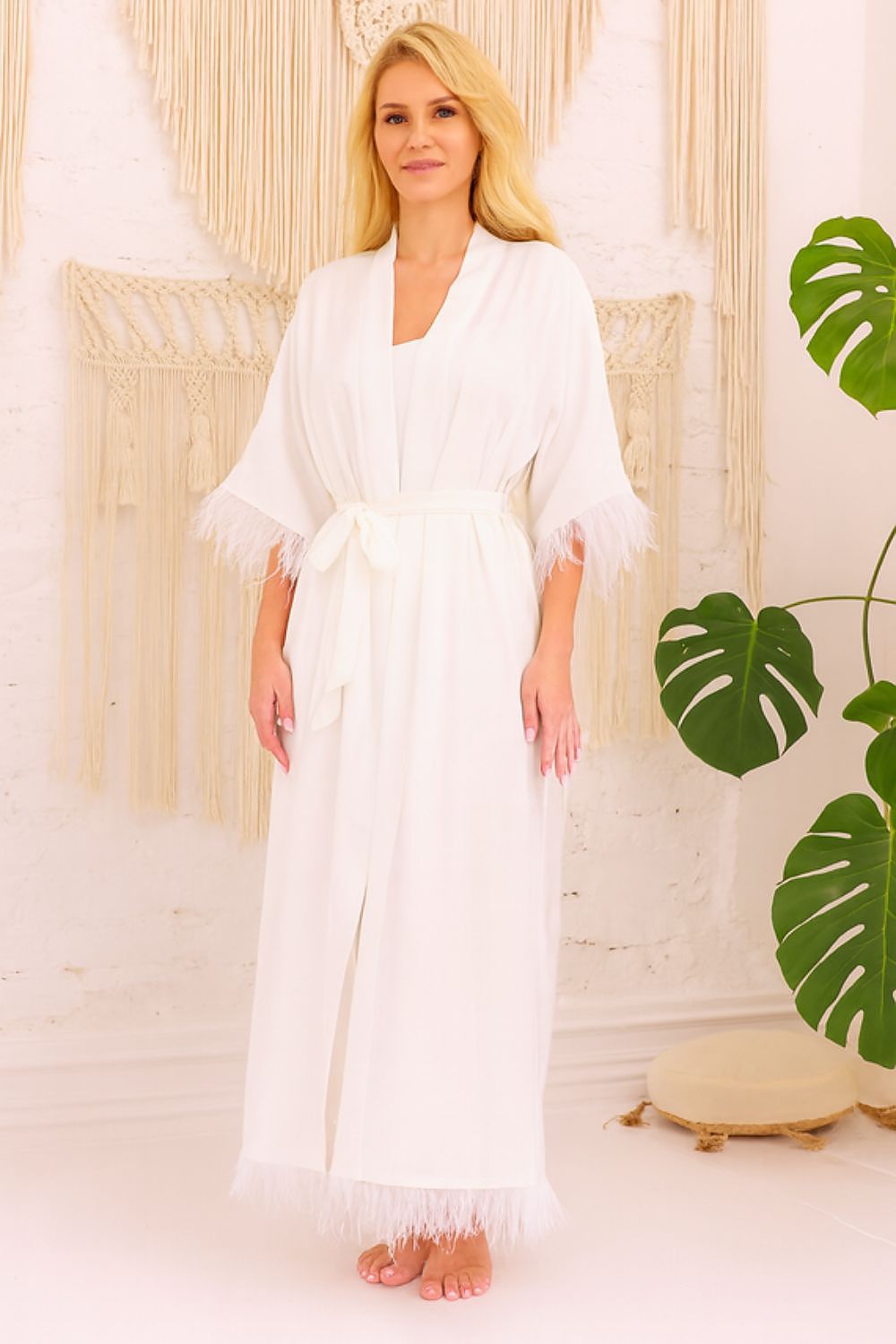Kalimo Diva Long Gown Satin Feather Robe beige