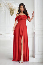 Bicotone Shiny Tulle Waist-Cinched Slit Maxi Dress red 2