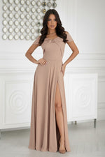 Bicotone Satin Twisted Bust Off-Shoulder Maxi Dress brown