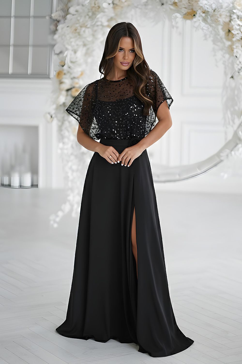 Bicotone Sequin Bolero Thin-Strap Rose Belt Maxi Dress black