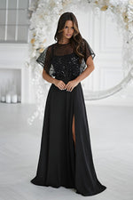 Bicotone Sequin Bolero Thin-Strap Rose Belt Maxi Dress black