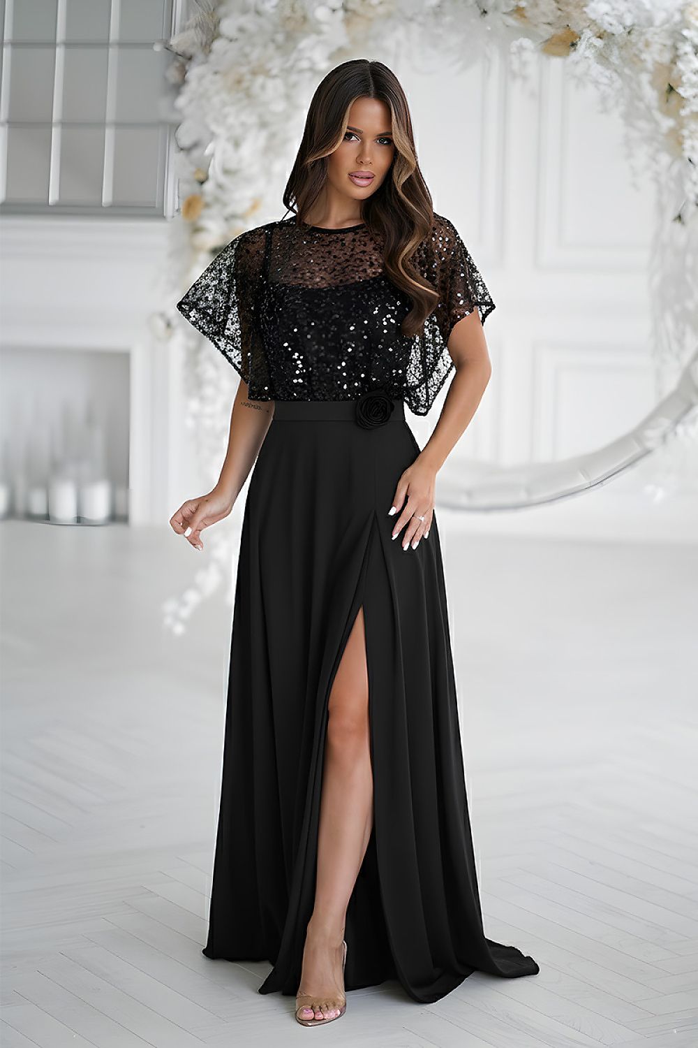 Bicotone Sequin Bolero Thin-Strap Rose Belt Maxi Dress