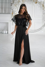 Bicotone Sequin Bolero Thin-Strap Rose Belt Maxi Dress