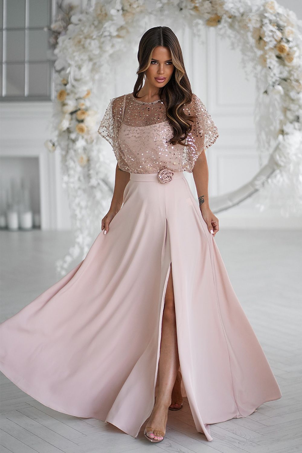 Bicotone Sequin Bolero Thin-Strap Rose Belt Maxi Dress