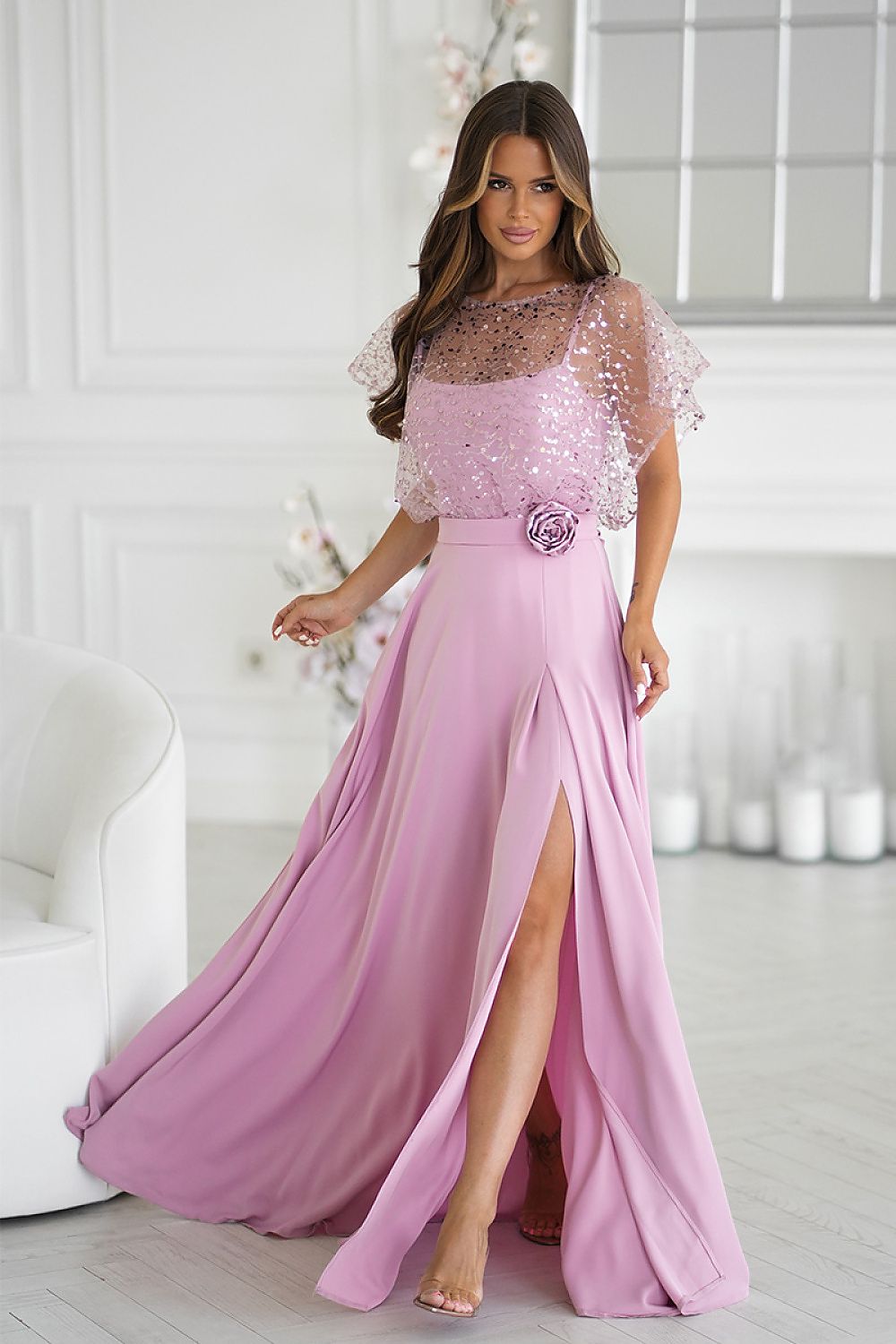Bicotone Sequin Bolero Thin-Strap Rose Belt Maxi Dress