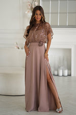 Bicotone Sequin Bolero Thin-Strap Rose Belt Maxi Dress brown