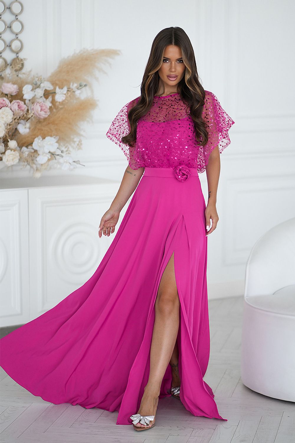 Bicotone Sequin Bolero Thin-Strap Rose Belt Maxi Dress