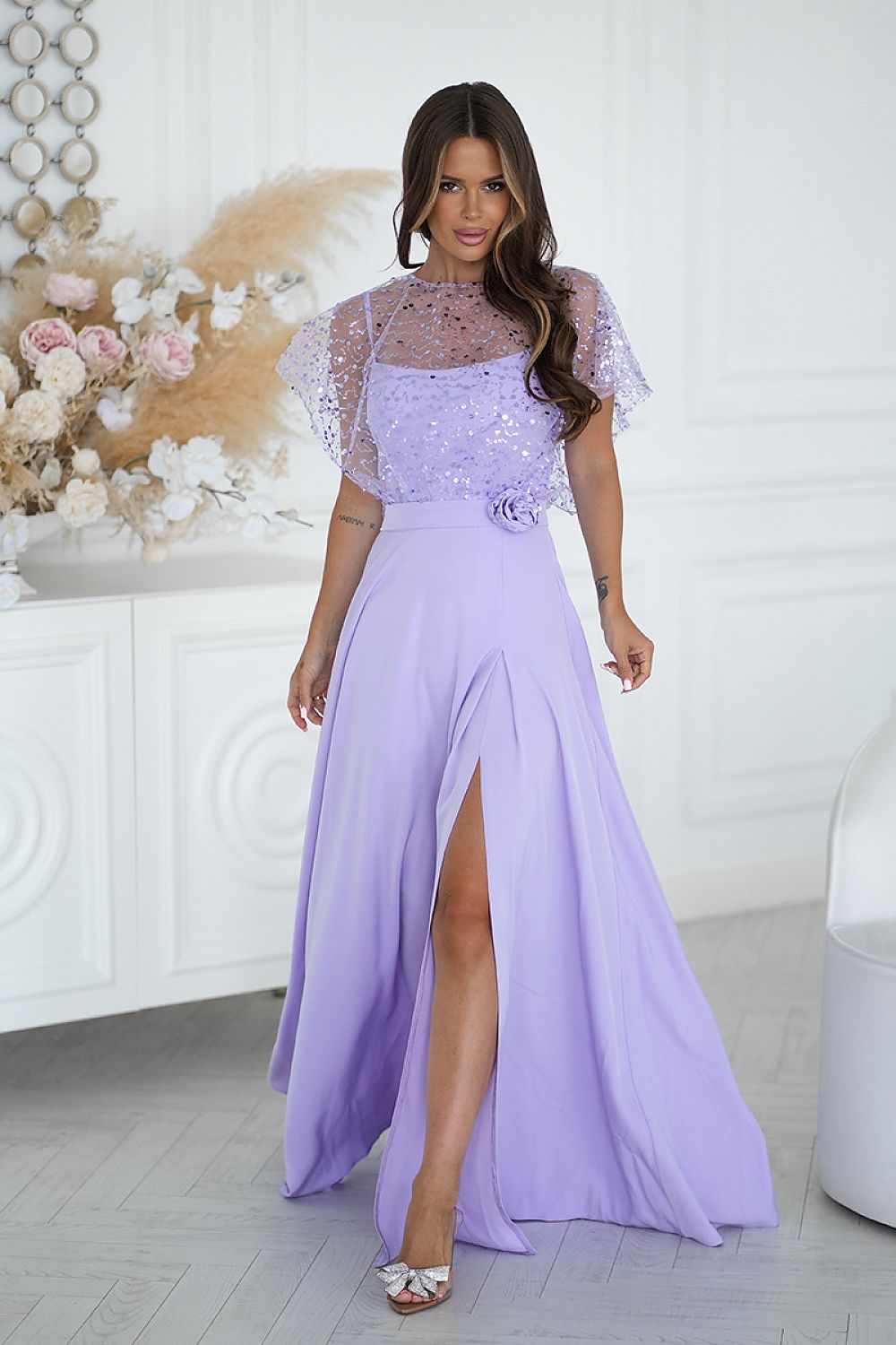 Bicotone Sequin Bolero Thin-Strap Rose Belt Maxi Dress violet 2