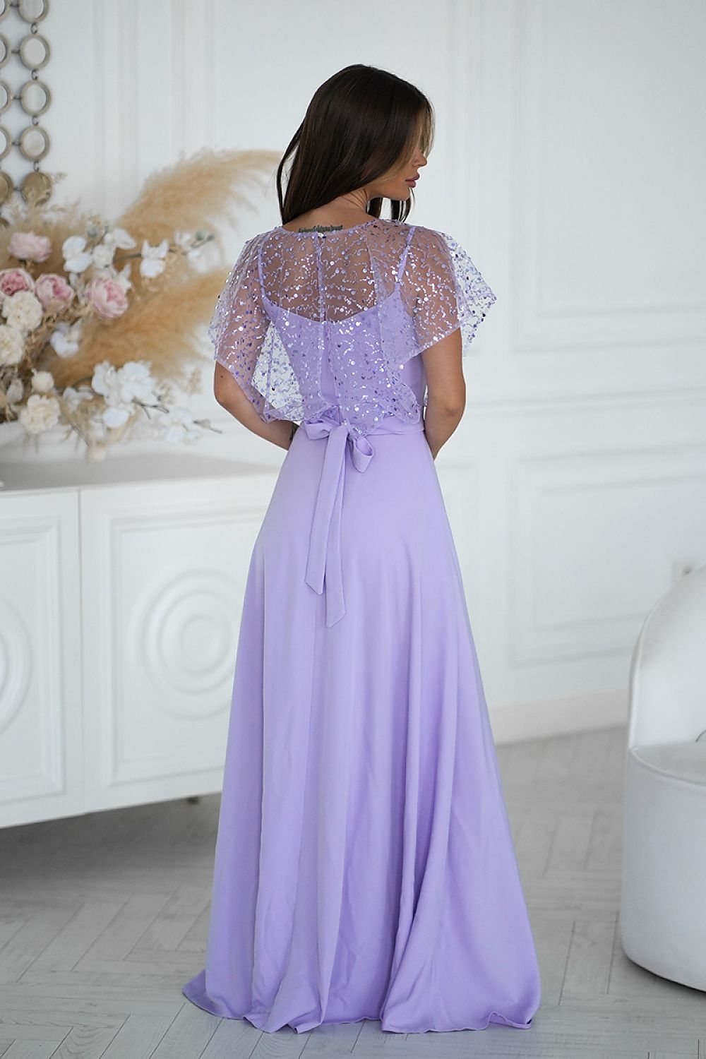 Bicotone Sequin Bolero Thin-Strap Rose Belt Maxi Dress