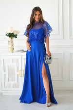Bicotone Sequin Bolero Thin-Strap Rose Belt Maxi Dress blue
