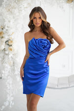 Bicotone Satin Strapless Rose Draped Mini Dress blue