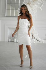 Bicotone Satin Strapless Rose Draped Mini Dress