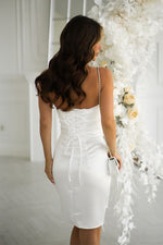 Bicotone Satin Strapless Rose Draped Mini Dress