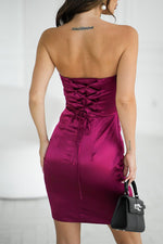 Bicotone Satin Strapless Rose Draped Mini Dress