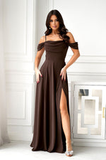 Bicotone Drooping-Strap Side-Slit Flowing Maxi Dress brown