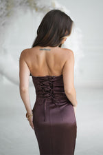 Bicotone Satin Strapless Rose High-Slit Maxi Dress