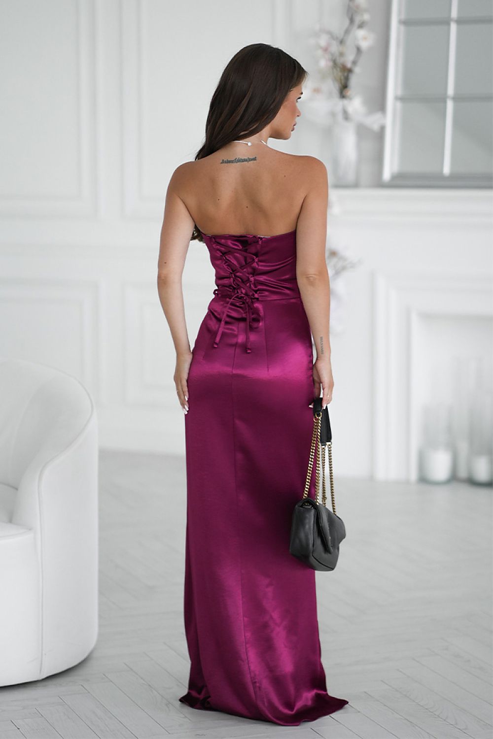 Bicotone Satin Strapless Rose High-Slit Maxi Dress