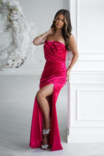 Bicotone Satin Strapless Rose High-Slit Maxi Dress