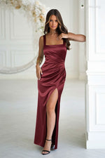 Bicotone Satin Square-Neck Corset-Back Slit Maxi Dress red