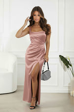 Bicotone Satin Square-Neck Corset-Back Slit Maxi Dress pink
