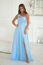 Bicotone Tulle Flowing High-Slit Layered Maxi Dress