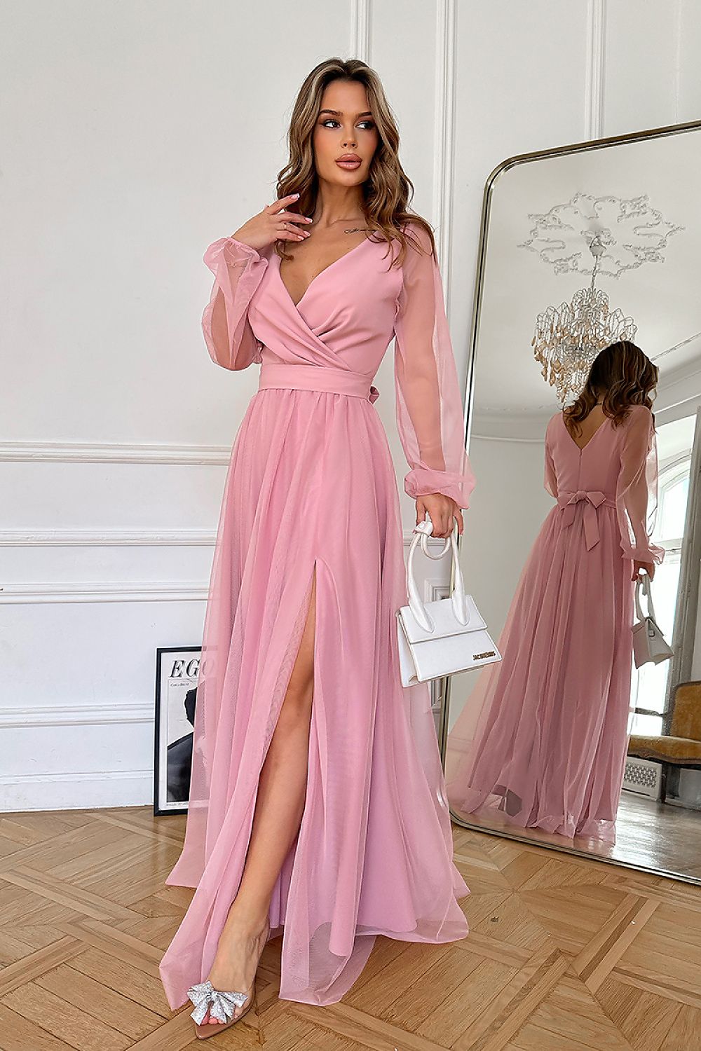 Bicotone Flowing Slit Belted Double-Layer Maxi Dress pink