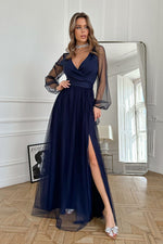 Bicotone Flowing Slit Belted Double-Layer Maxi Dress navy blue