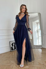 Bicotone Flowing Slit Belted Double-Layer Maxi Dress