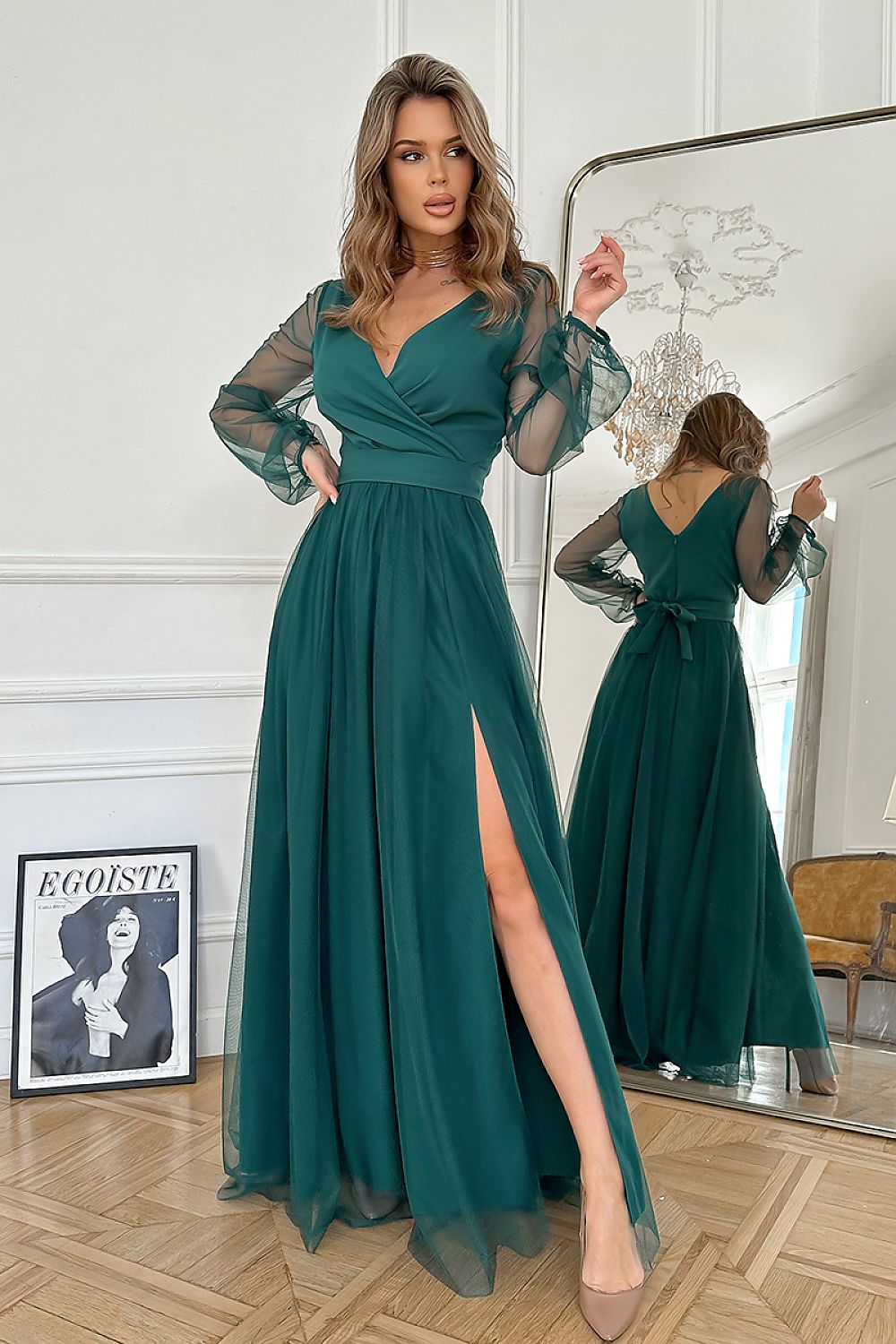 Bicotone Flowing Slit Belted Double-Layer Maxi Dress green