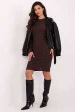 Rue Paris Ribbed Bodycon Daydress Brown Pencil Fit Long Sleeve