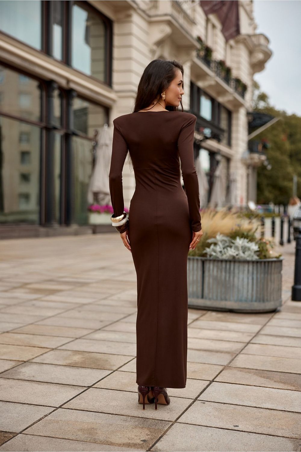 Roco Fashion Feminine Brown Midi Dress High Slit Elegance