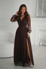 Bicotone Flowing Slit Belted Double-Layer Maxi Dress brown