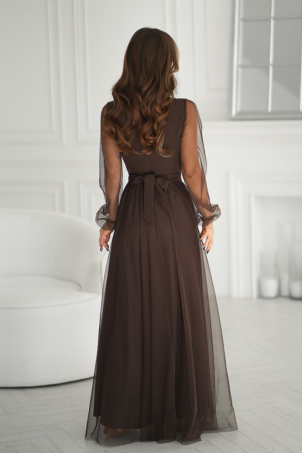 Bicotone Flowing Slit Belted Double-Layer Maxi Dress