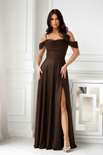 Bicotone Shiny Tulle Waist-Cinched Slit Maxi Dress brown
