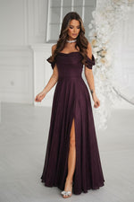 Bicotone Shiny Tulle Waist-Cinched Slit Maxi Dress violet 2