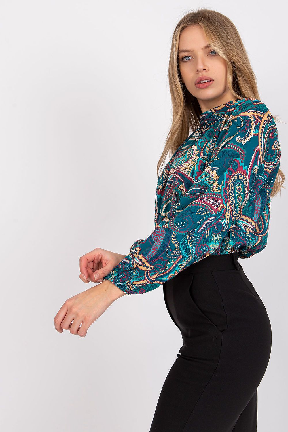 Italy Moda Short Blouse Long Sleeve Stand-Up Collar