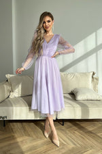 Bicotone Midi Mesh Sleeve Layered Evening Dress