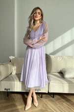 Bicotone Midi Mesh Sleeve Layered Evening Dress