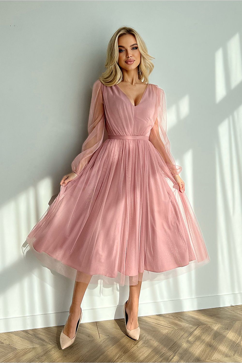 Bicotone Midi Mesh Sleeve Layered Evening Dress pink