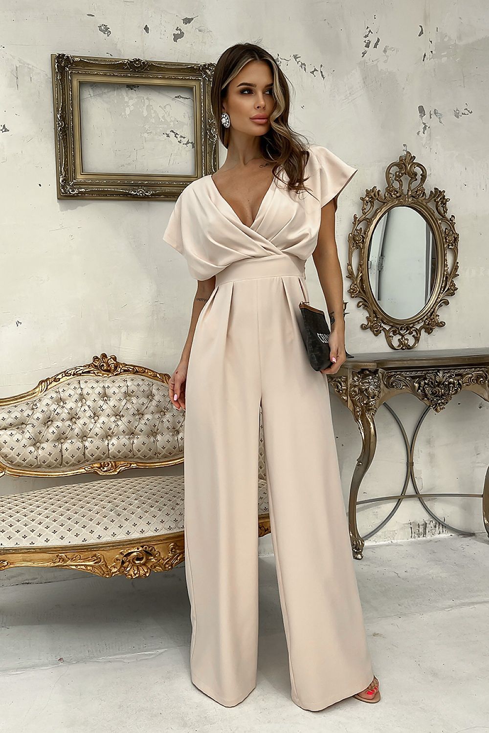 Bicotone Wide-Leg Flared Sleeve Belted Jumpsuit beige