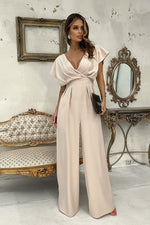 Bicotone Wide-Leg Flared Sleeve Belted Jumpsuit beige